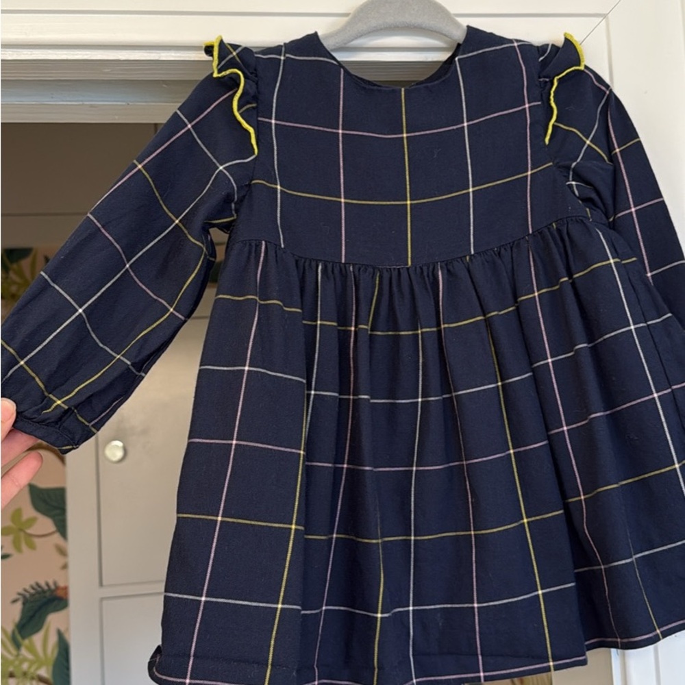 Jacadi Navy Plaid Kids Dress with Yellow and pale pink Accents size 12M